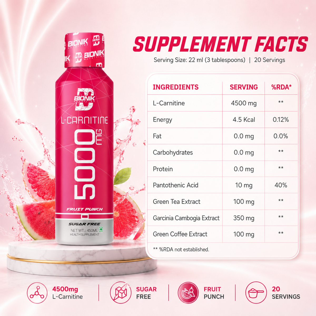 BIONIK NUTRITION L-Carnitine Liquid 5000mg L-Carnitine – Fruit Punch