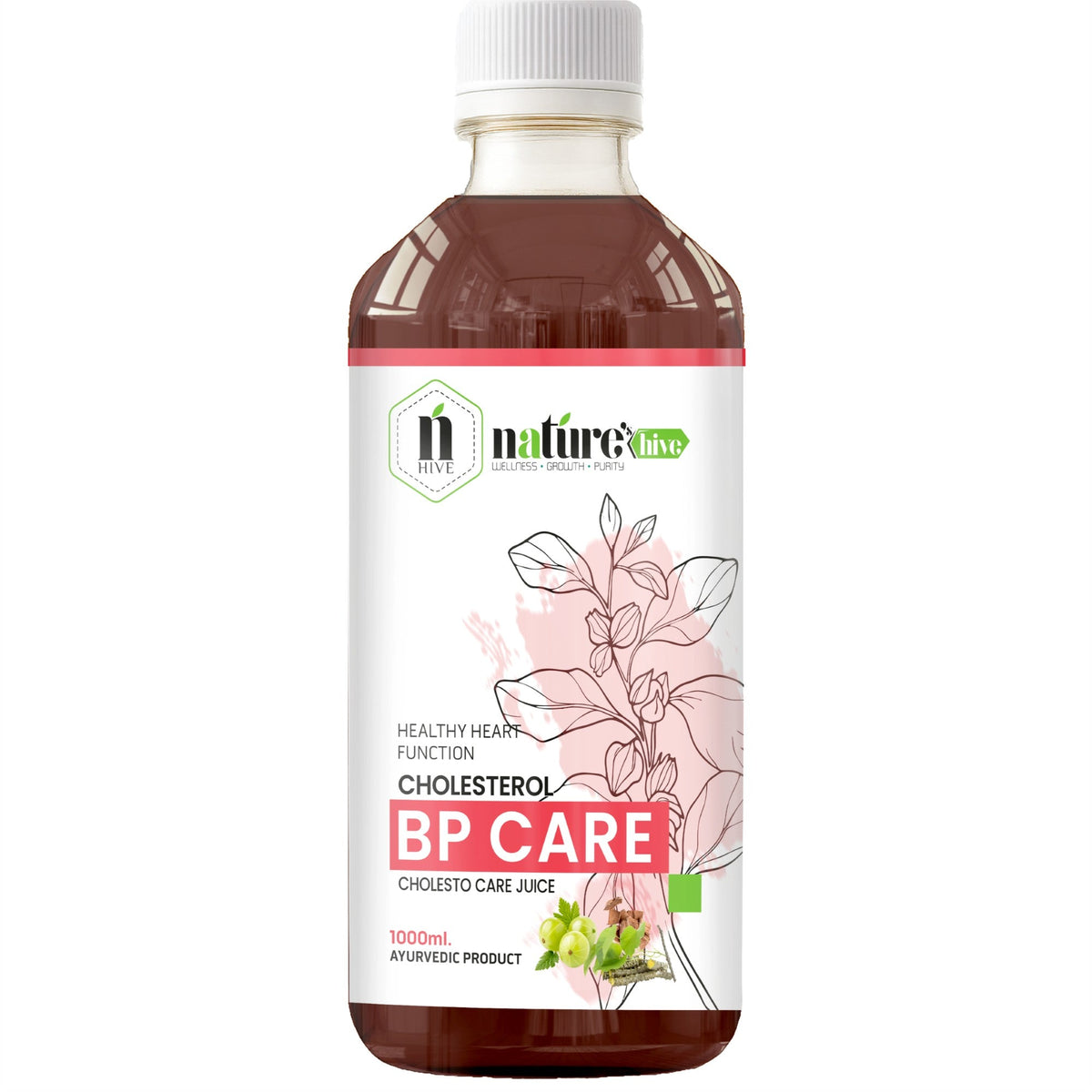 Bottle of Nature's Hive BP Care Herbal Juice, 1-liter, showing the herbal juice in a clear glass bottle with fresh herbs around it.