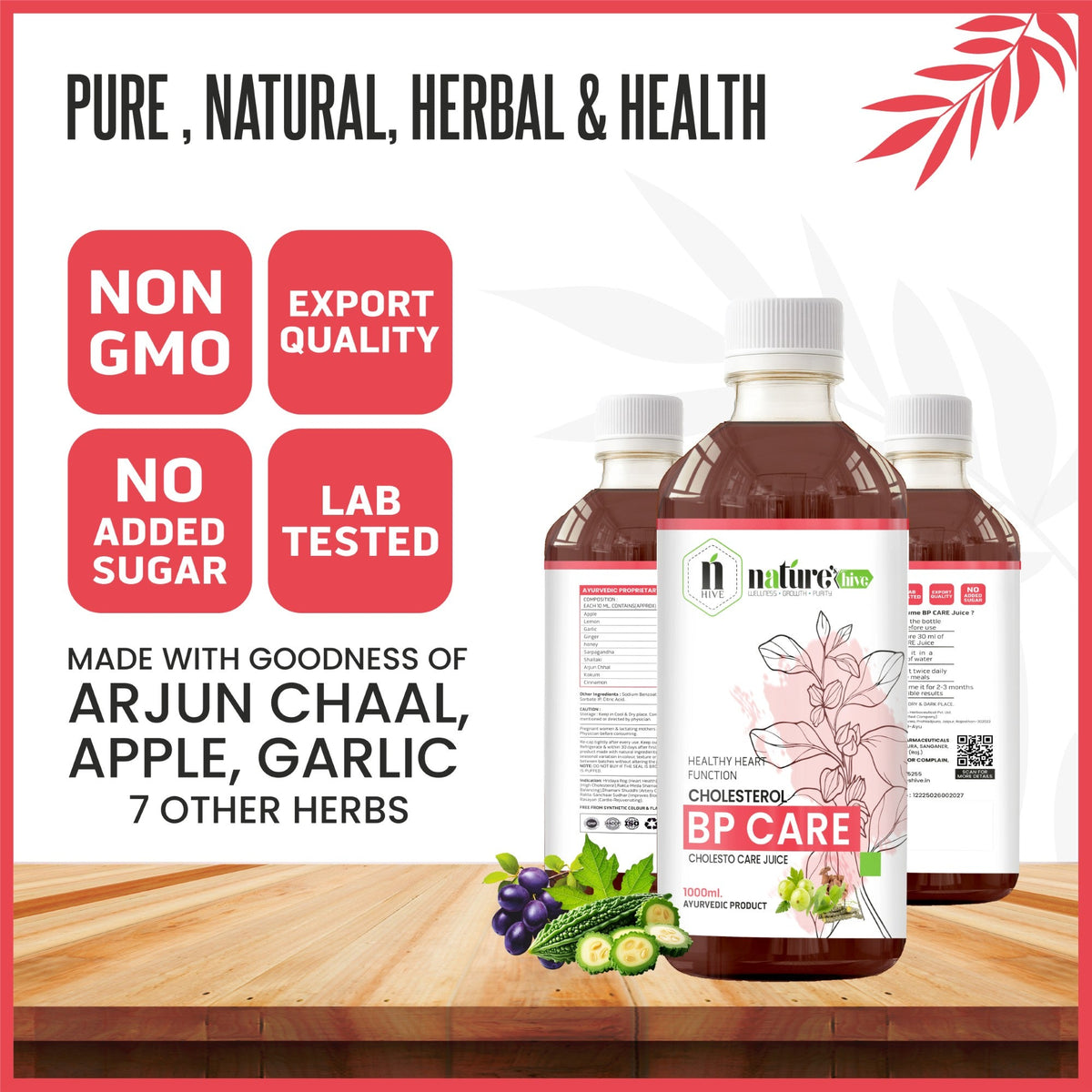 Bottle of Nature's Hive BP Care Herbal Juice in a 1-liter container, showcasing the herbal ingredients and packaging.