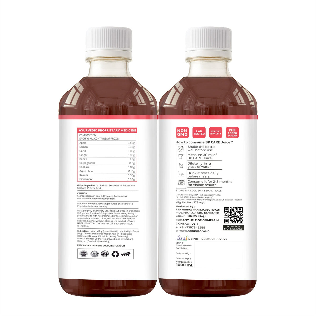 Bottle of Nature's Hive BP Care Herbal Juice in a 1-liter container, featuring a natural herbal blend for health support.