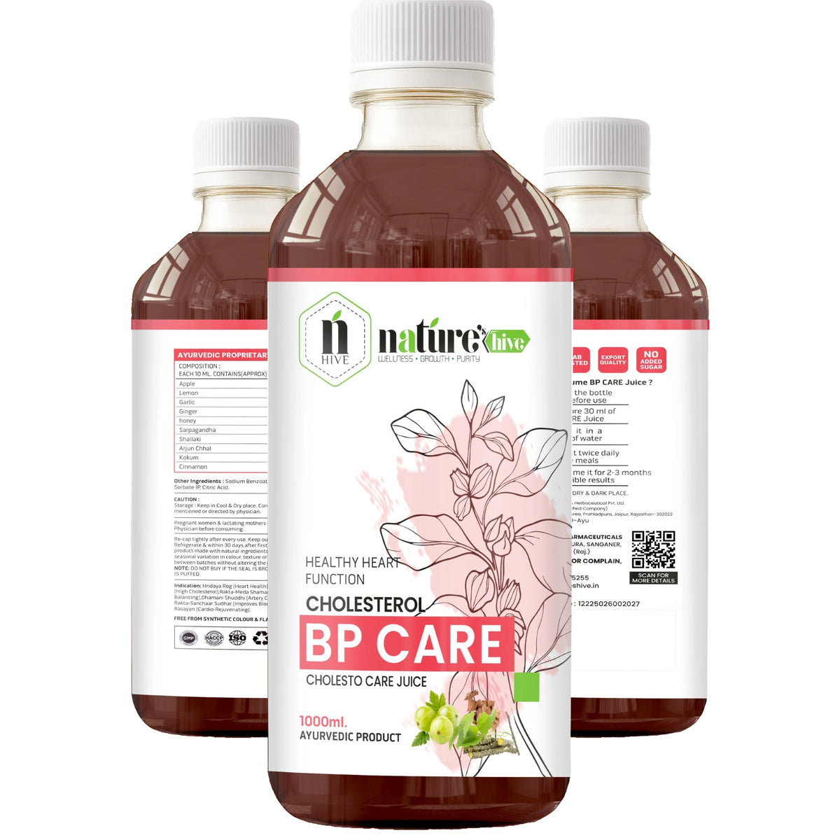 Bottle of Nature's Hive BP Care Herbal Juice, 1-liter size, with herbal ingredients visible in the clear plastic bottle.