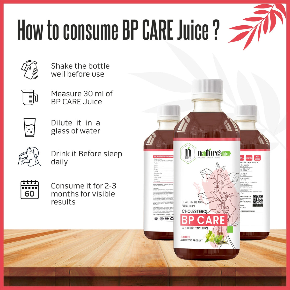 Bottle of Nature's Hive BP Care Herbal Juice, 1L, featuring herbal ingredients in a clear plastic bottle with a green label.