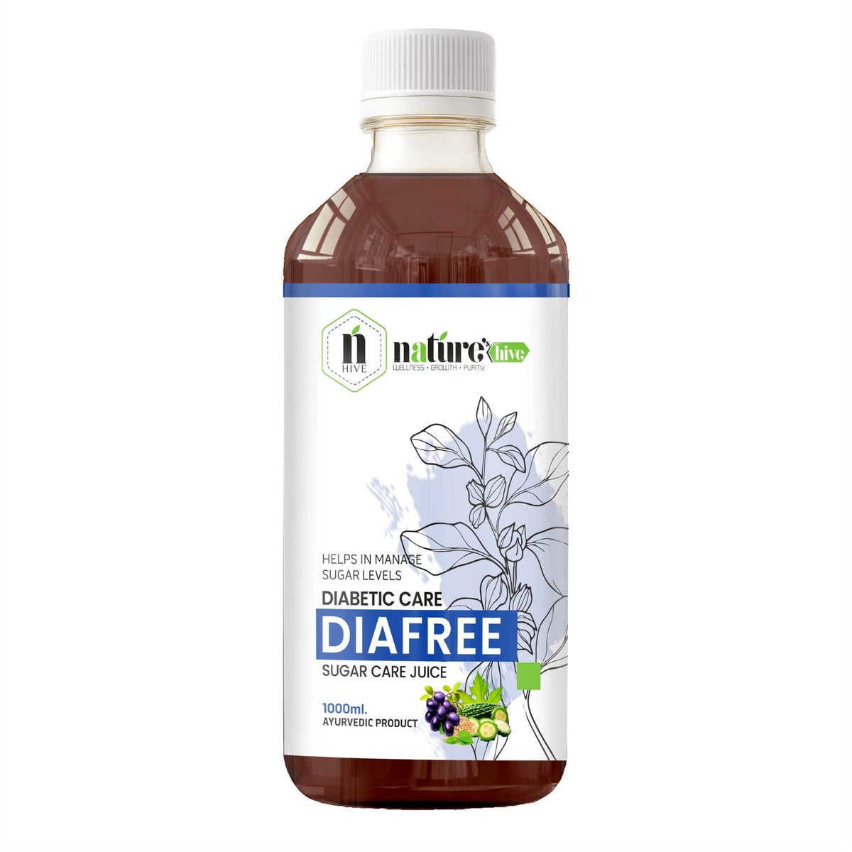 Bottle of Nature's Hive Diafree Herbal Juice in a 1-liter bottle, with herbal ingredients visible in the clear container.