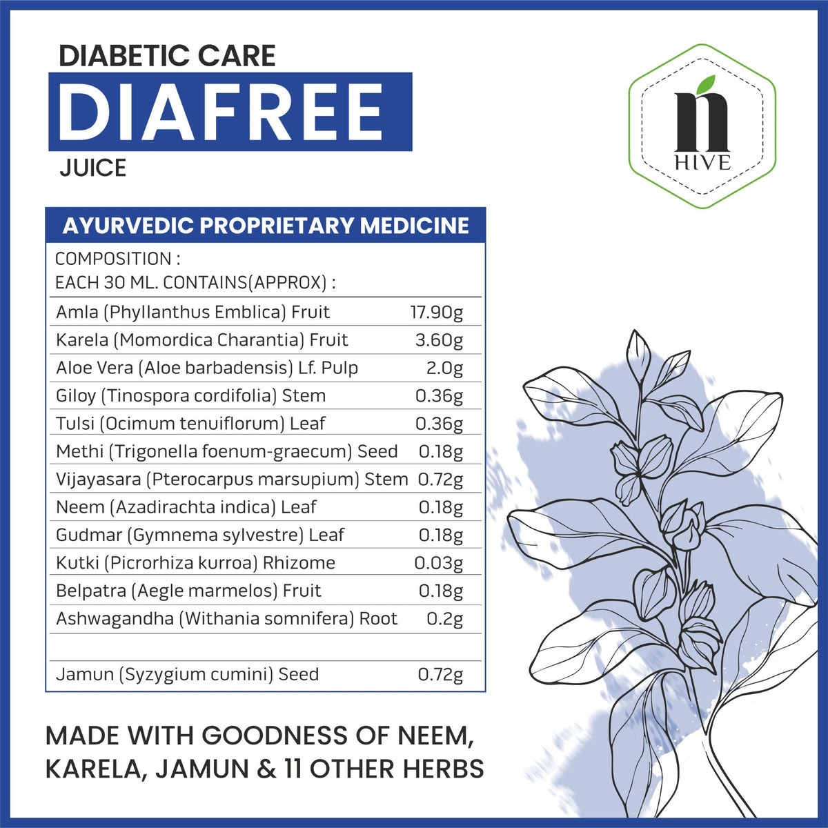 Bottle of Nature's Hive Diafree Herbal Juice, 1L, with herbal ingredients visible in the transparent container.
