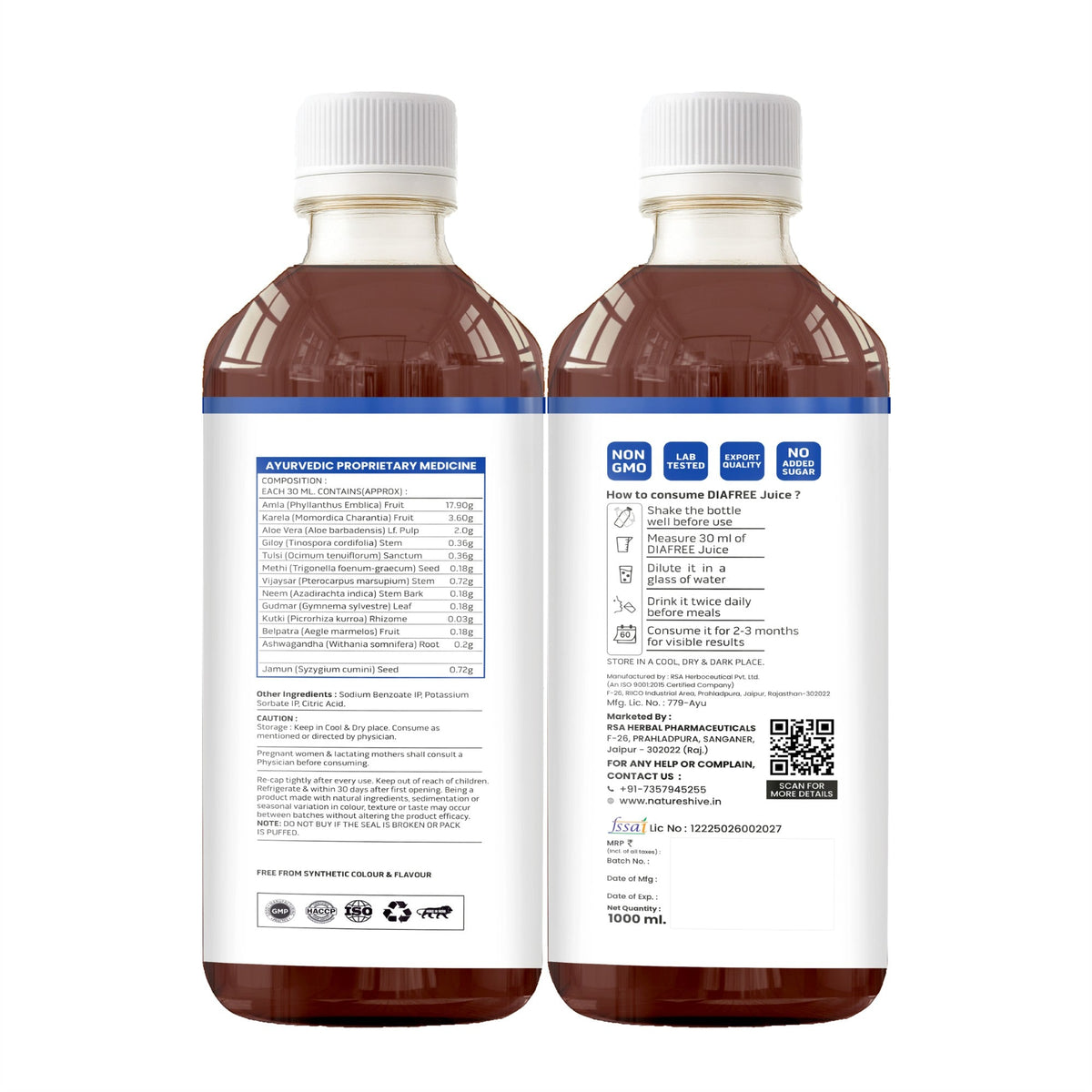 Bottle of Nature's Hive Diafree Herbal Juice 1L, herbal remedy with natural ingredients, displayed in clear plastic bottle.