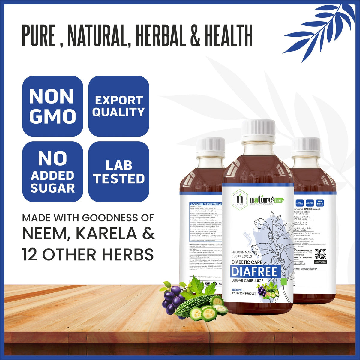 Bottle of Nature's Hive Diafree Herbal Juice, 1 liter, with fresh herbal ingredients visible in the transparent container.