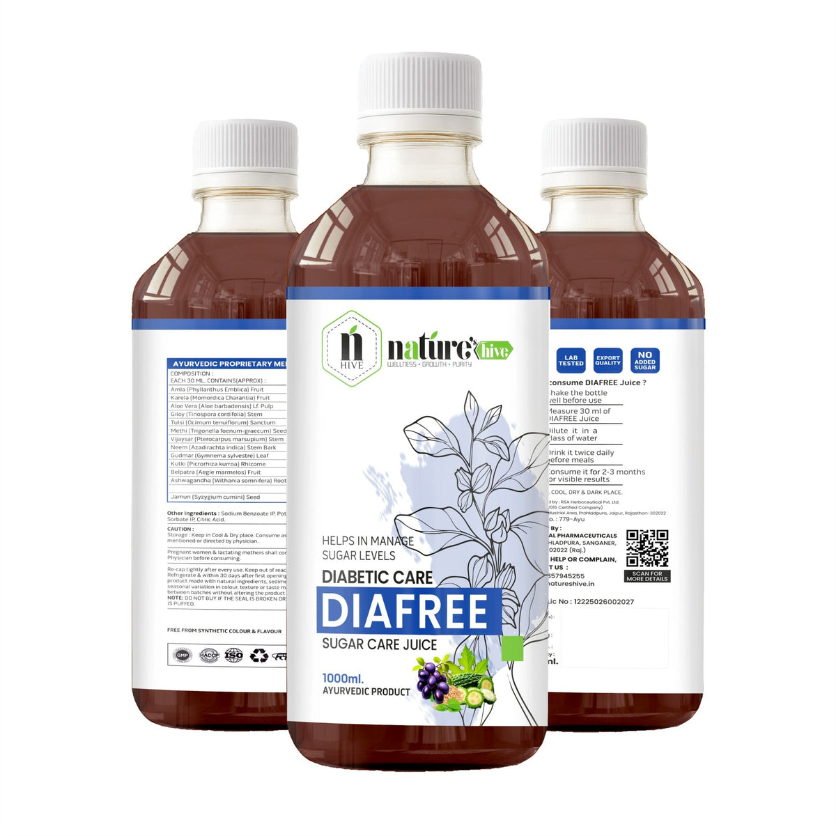 Bottle of Nature's Hive Diafree Herbal Juice in a 1-liter container, featuring the label and clear liquid inside.