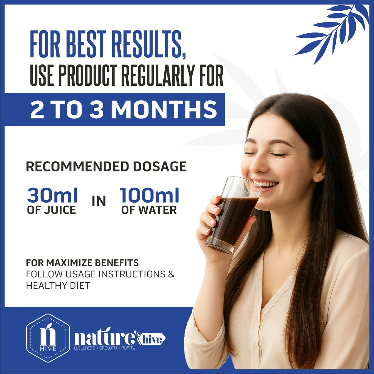 Bottle of Nature's Hive Diafree Herbal Juice 1L with herbal ingredients in a clear glass bottle.