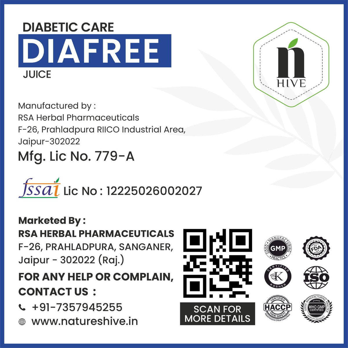 Bottle of Nature's Hive Diafree Herbal Juice, 1 liter, with herbal ingredients visible in a clear plastic container.