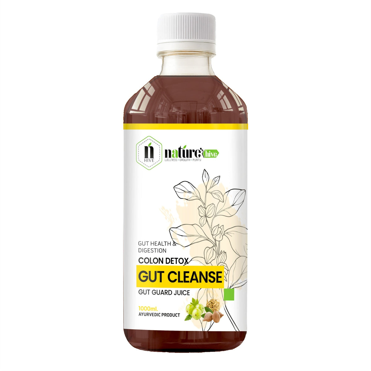 Bottle of Nature's Hive Gut Cleanse Herbal Juice, 1 L, with fresh herbs and natural ingredients visible in the herbal juice.