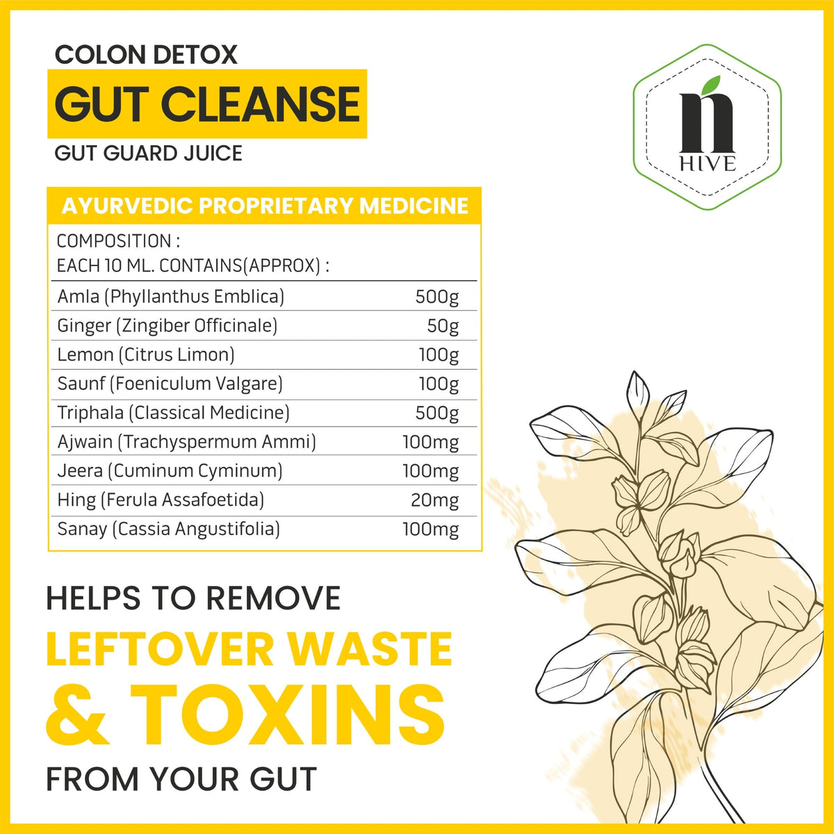 Bottle of Nature's Hive Gut Cleanse Herbal Juice, 1-liter size, with fresh ingredients and herbal blend for digestive health.