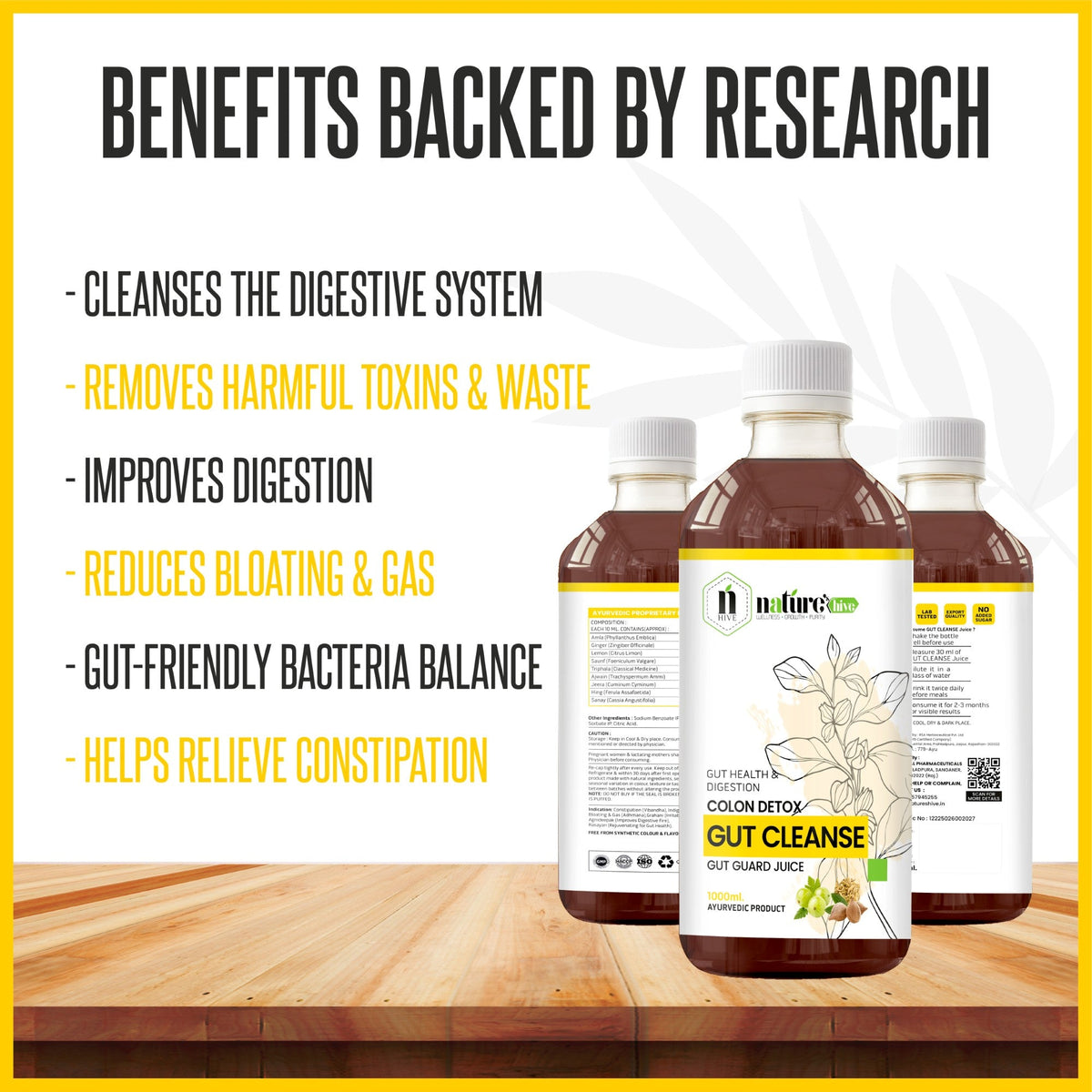 Bottle of Nature's Hive Gut Cleanse Herbal Juice, 1 liter, featuring fresh herbs and natural ingredients for digestive health.