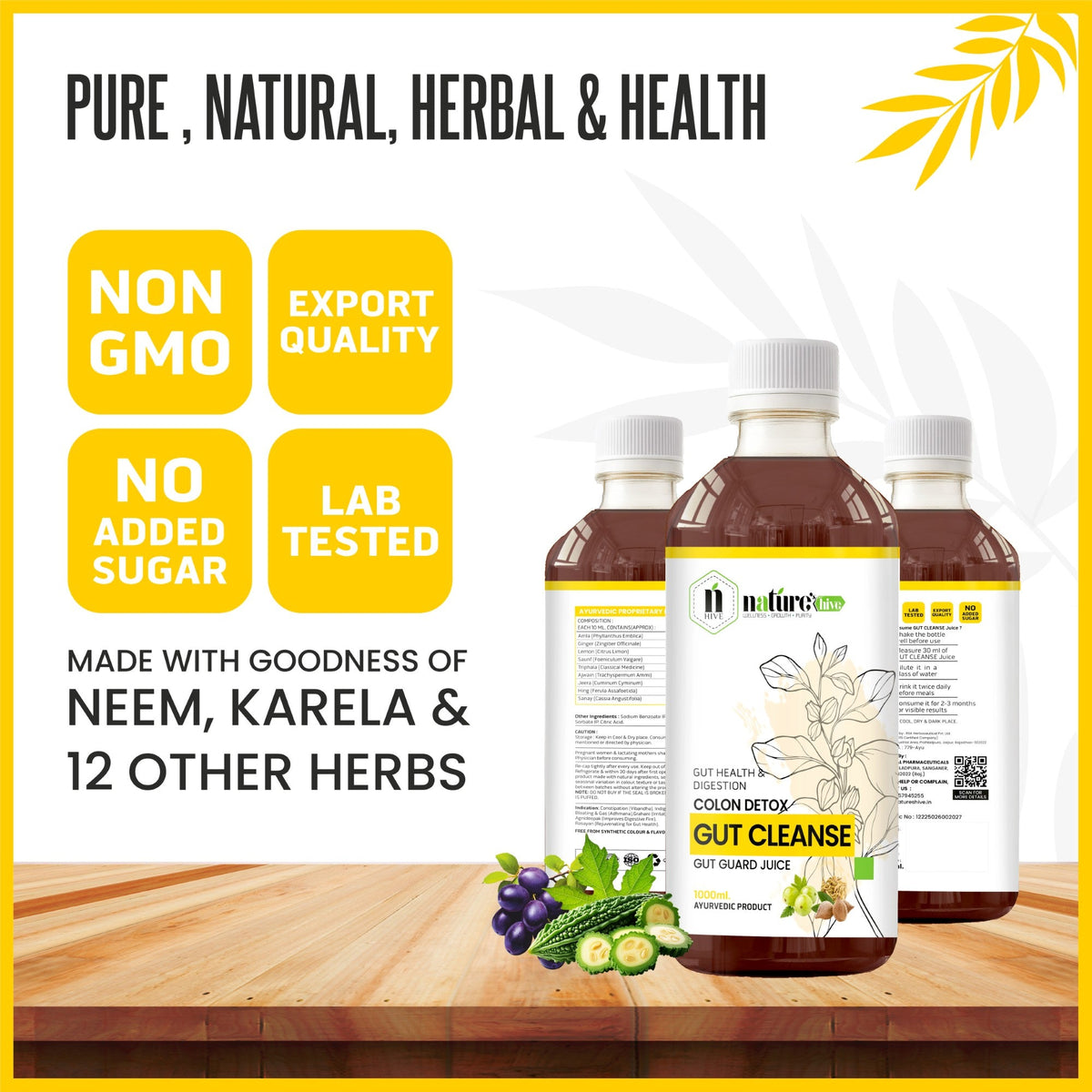 Nature's Hive Gut Cleanse Herbal Juice in a 1L bottle, showcasing the natural herbal ingredients and packaging.