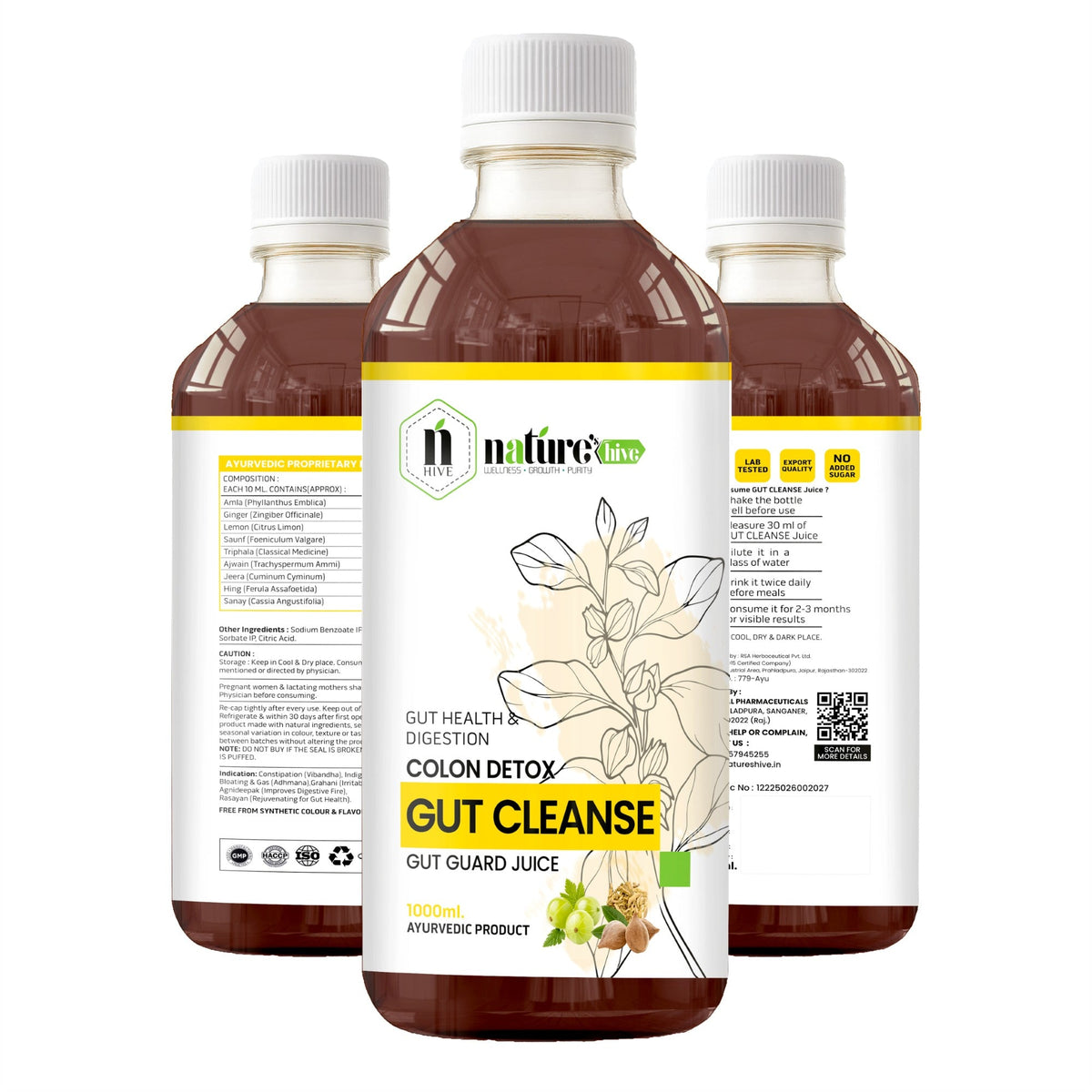 Nature's Hive Gut Cleanse Herbal Juice in 1L bottle, showcasing the herbal wellness product for digestive health.