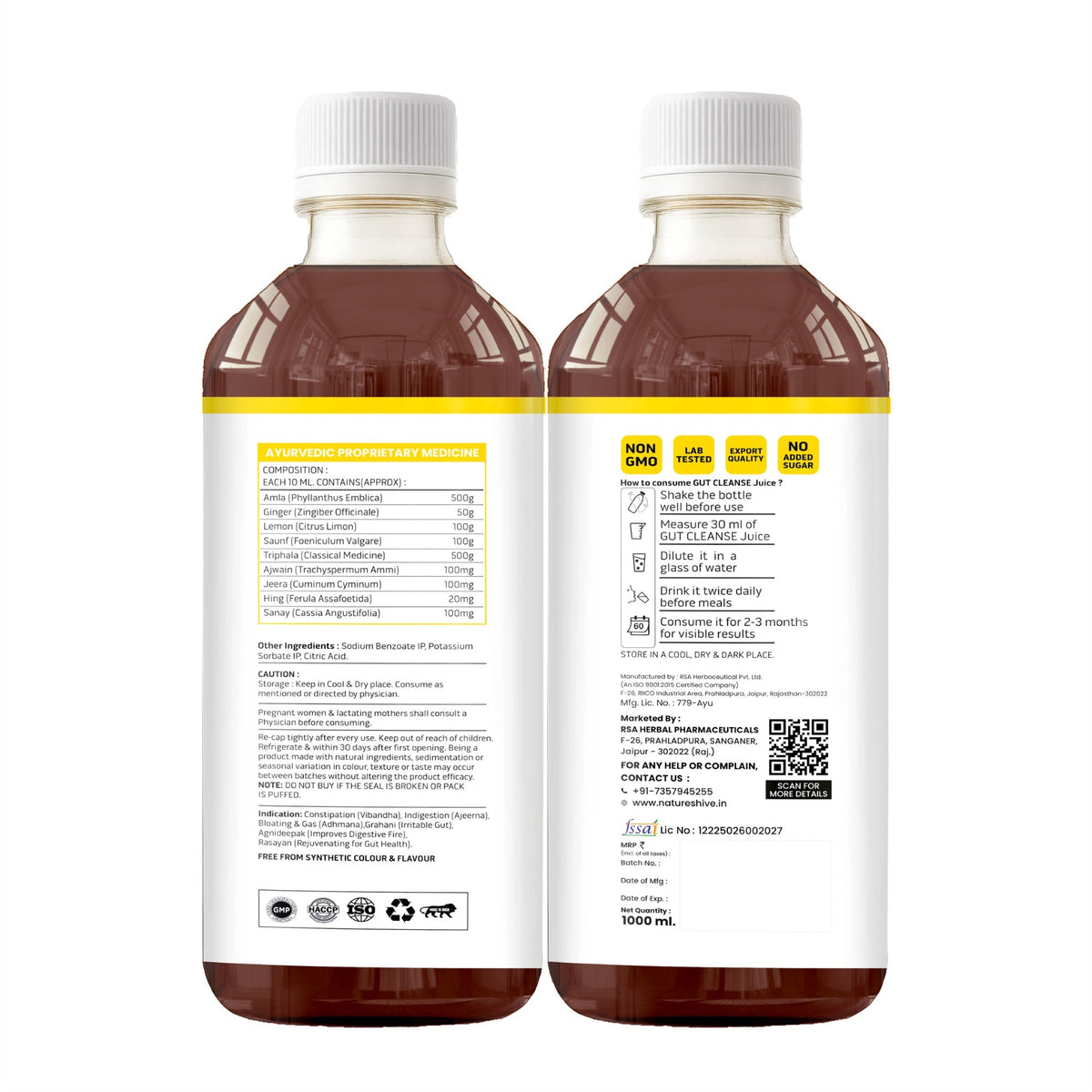 Bottle of Nature's Hive Gut Cleanse Herbal Juice, 1L, showing the herbal infusion in a clear glass bottle with fresh herbs.