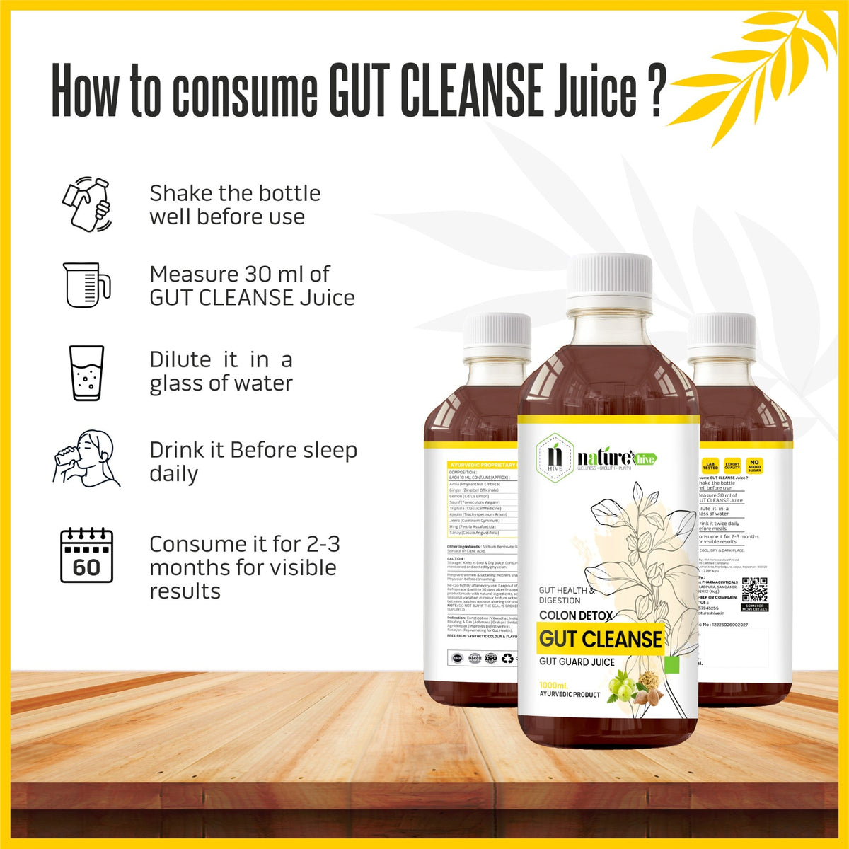 Nature's Hive Gut Cleanse Herbal Juice in 1L bottle, showcasing the herbal ingredients and vibrant packaging.