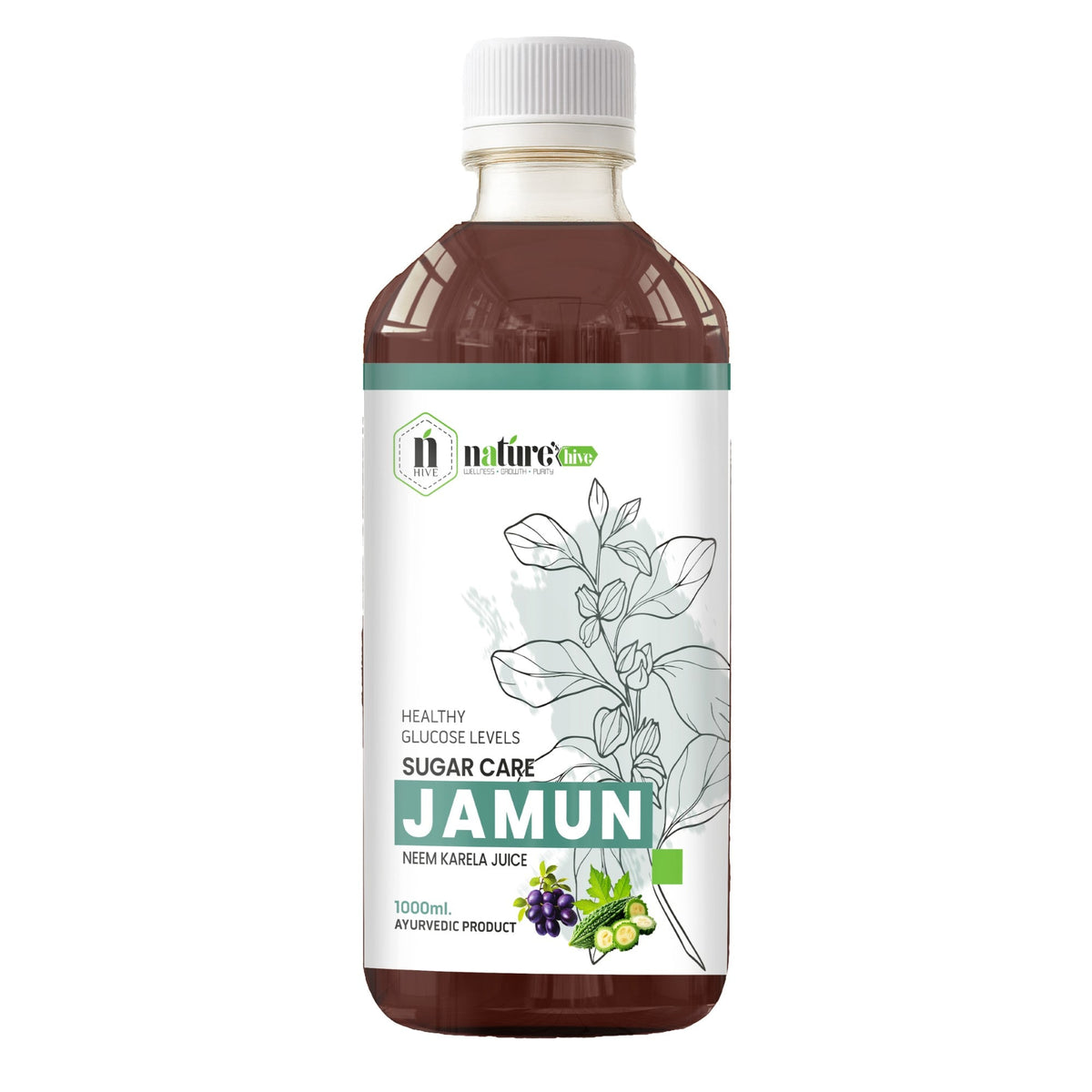 Bottle of Nature's Hive Jamun Neem Karela Herbal Juice in a 1-liter container, featuring the herbal juice label and branding.