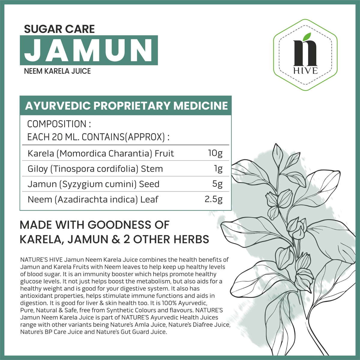 Bottle of Nature's Hive Jamun Neem Karela Herbal Juice, 1 liter, with fresh herbs and fruits visible in the image.