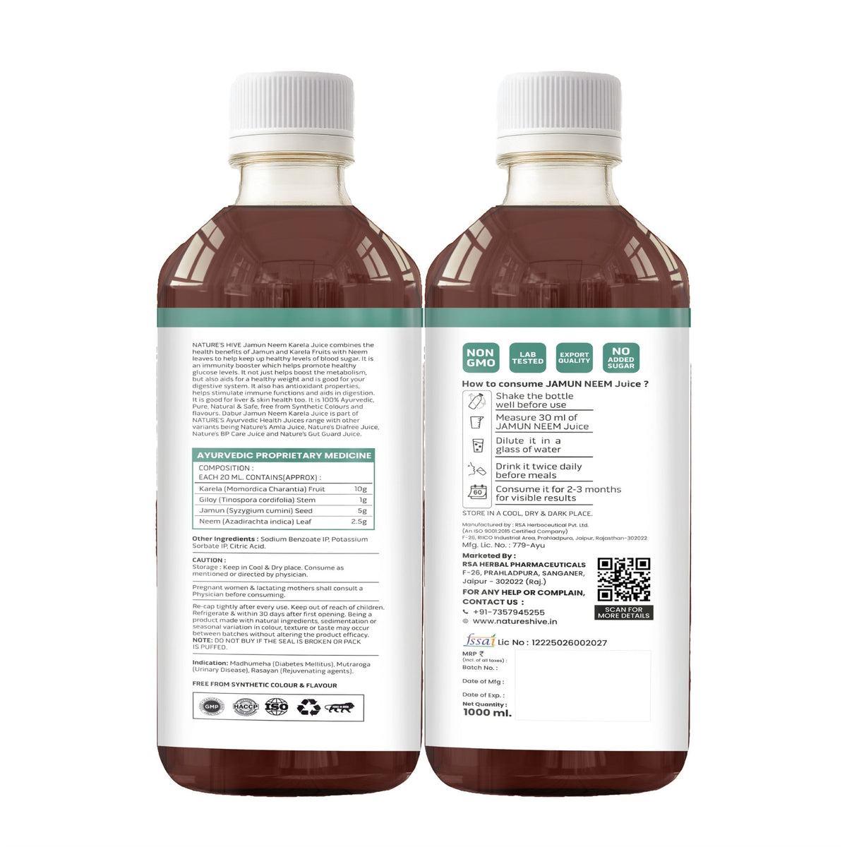 Nature's Hive Jamun Neem Karela Herbal Juice in a 1-liter bottle, showcasing the herbal juice product with fresh ingredients.