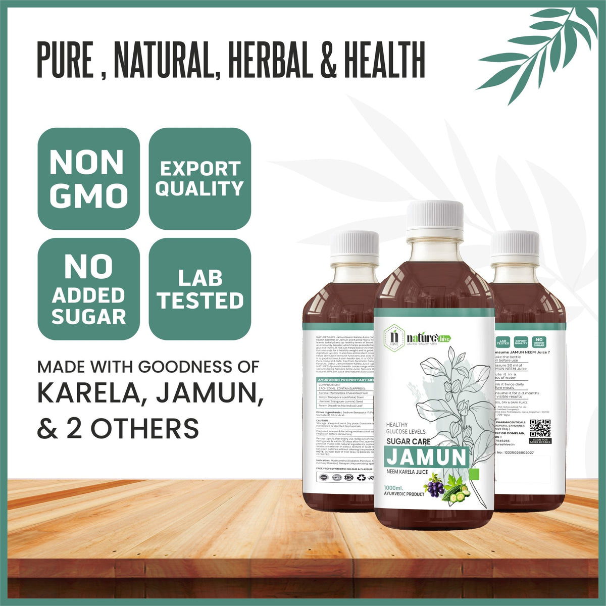 Nature's Hive Jamun Neem Karela Herbal Juice in 1L bottle, showcasing the herbal beverage with jamun, neem, and karela ingredients.