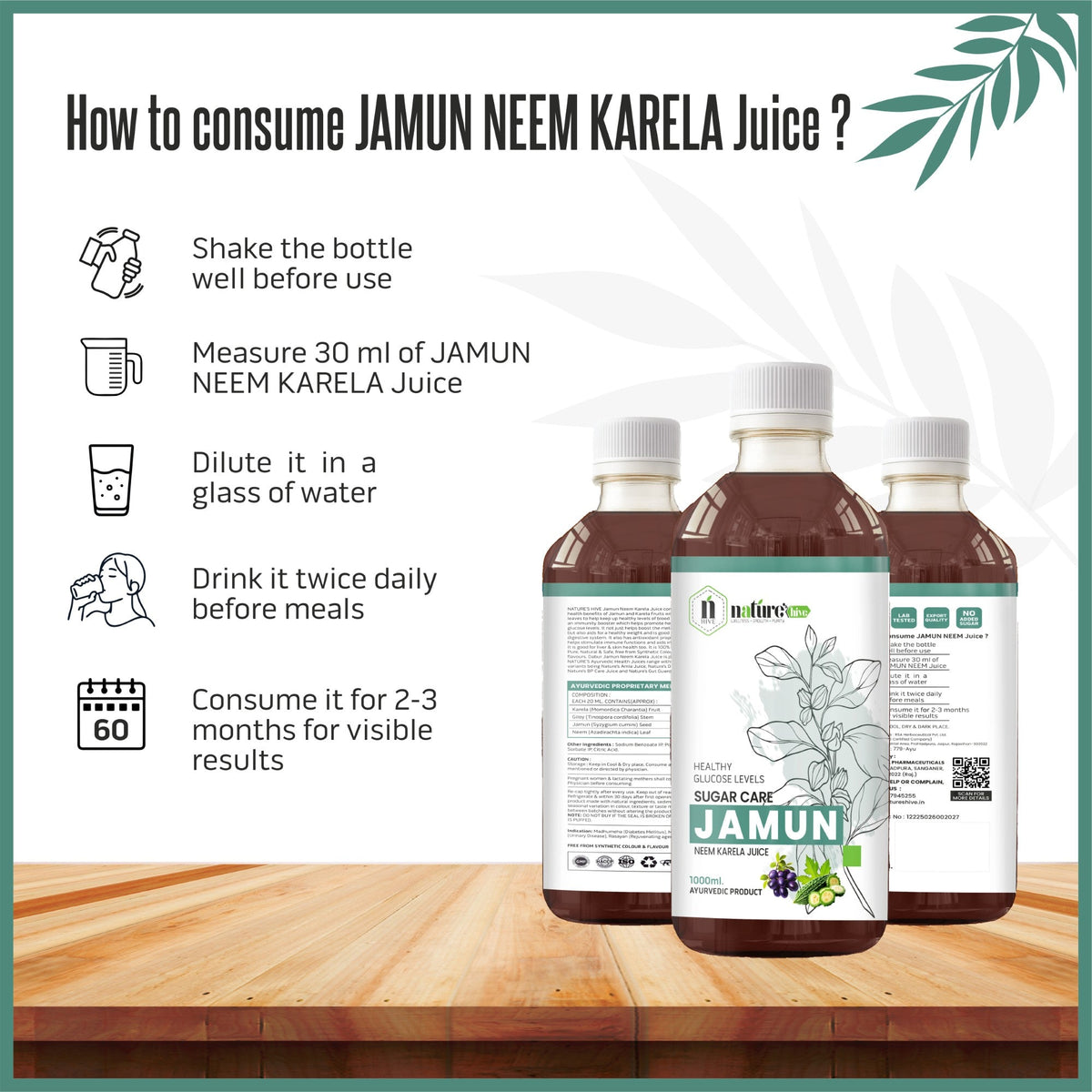 Bottle of Nature's Hive Jamun Neem Karela Herbal Juice in a 1-liter container, featuring a label with natural ingredients.