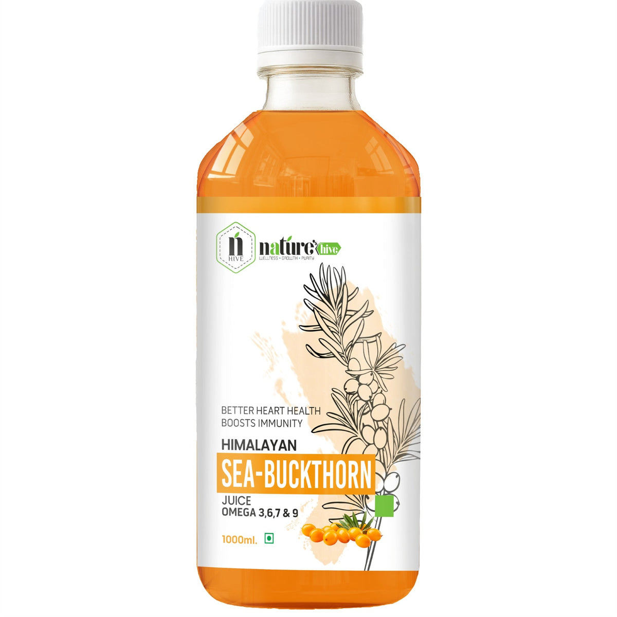 Bottle of Nature's Hive seabuckthorn herbal juice with orange liquid, showing the product label and 1-liter size.