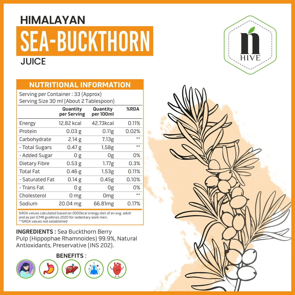 Nature's Hive Seabuckthorn Juice herbal drink in a 1L bottle, rich in Omega 3, 6, 7, and 9, shown in the image.