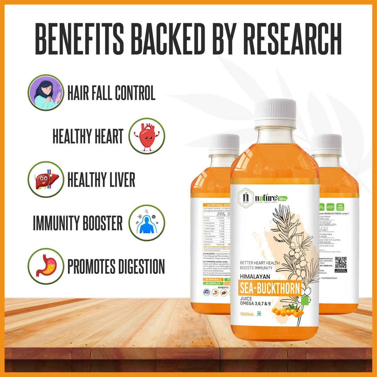 Nature's Hive Seabuckthorn Herbal Juice in a 1-liter bottle, featuring omega 3, 6, 7, and 9, with fresh seabuckthorn berries.