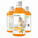 Bottle of Nature's Hive seabuckthorn herbal juice with orange liquid inside, labeled as omega 3, 6, 7, and 9, 1-liter size.
