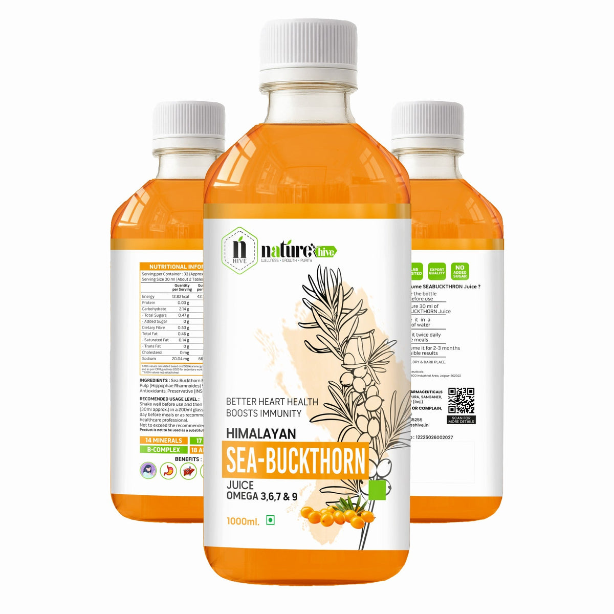 Bottle of Nature's Hive seabuckthorn herbal juice with orange liquid inside, labeled as omega 3, 6, 7, and 9, 1-liter size.