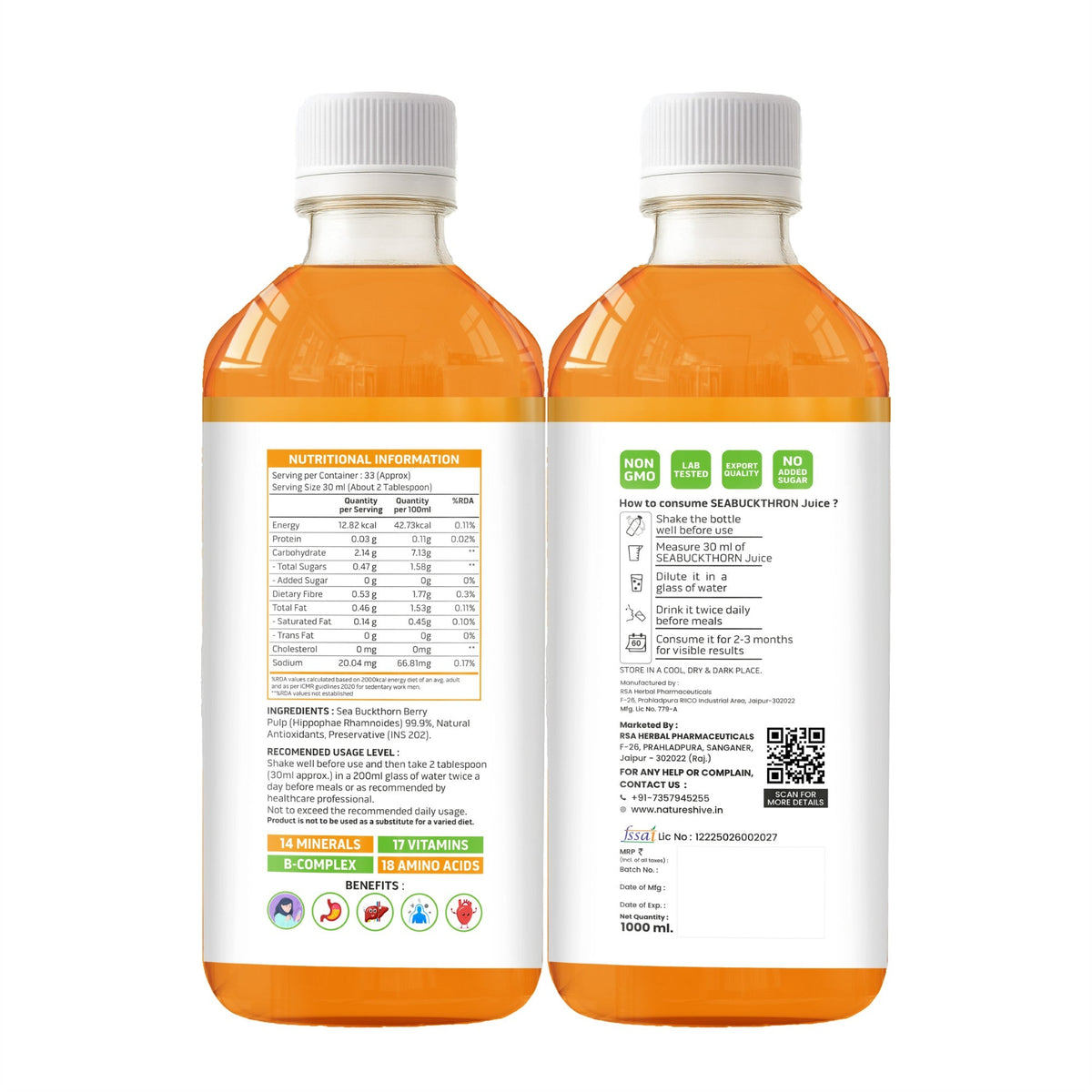 Bottle of Nature's Hive Seabuckthorn Juice herbal drink showing the label with orange liquid in a 1-liter container.