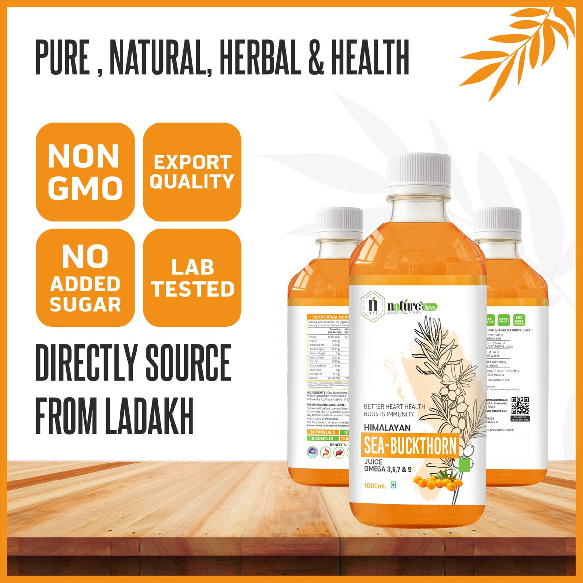 Bottle of Nature's Hive Seabuckthorn Juice herbal supplement displaying the 1L bottle with label featuring seabuckthorn berries and omega fatty acids.