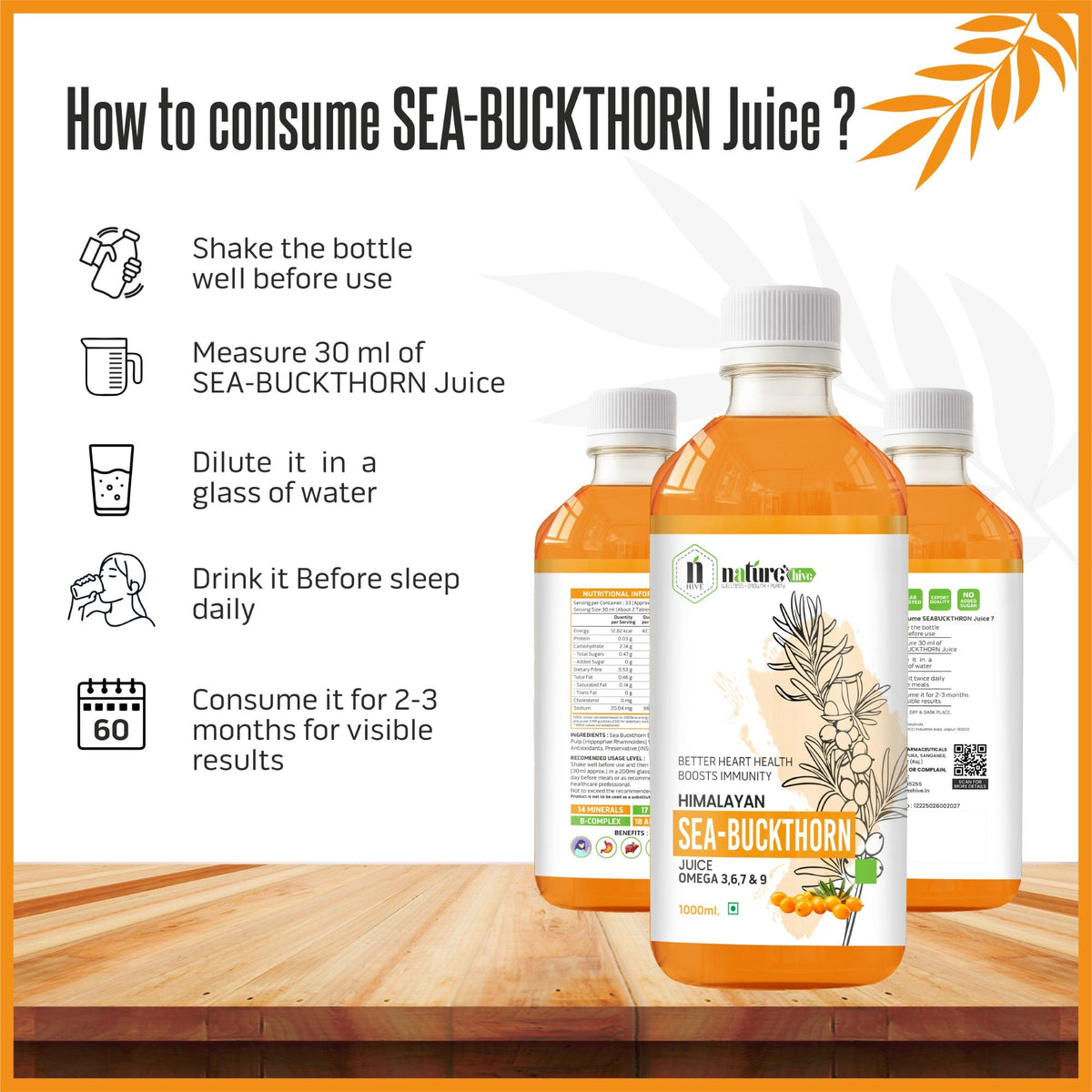 Bottle of Nature's Hive Seabuckthorn Herbal Juice with Omega 3, 6, 7, and 9 in a 1-liter container.