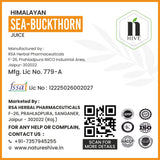 Bottle of Nature's Hive Seabuckthorn Juice herbal drink showing the label with omega 3, 6, 7, and 9, 1 liter size.