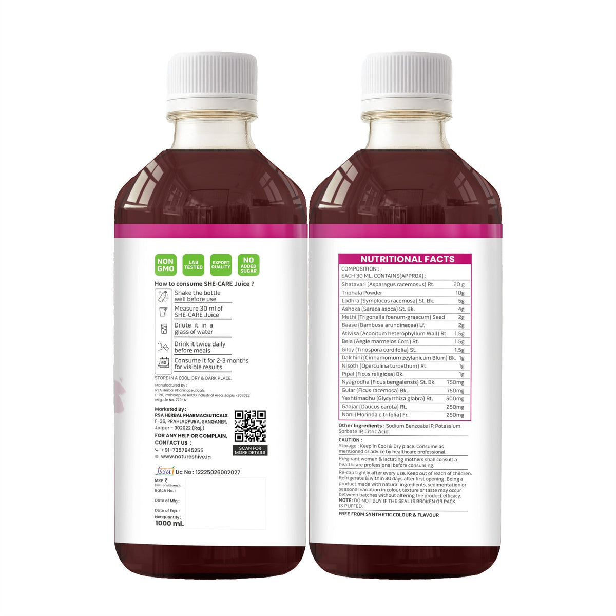 Herbal juice in a 1L bottle from Nature's Hive, She Care Juice with natural herbal ingredients and vibrant label design.