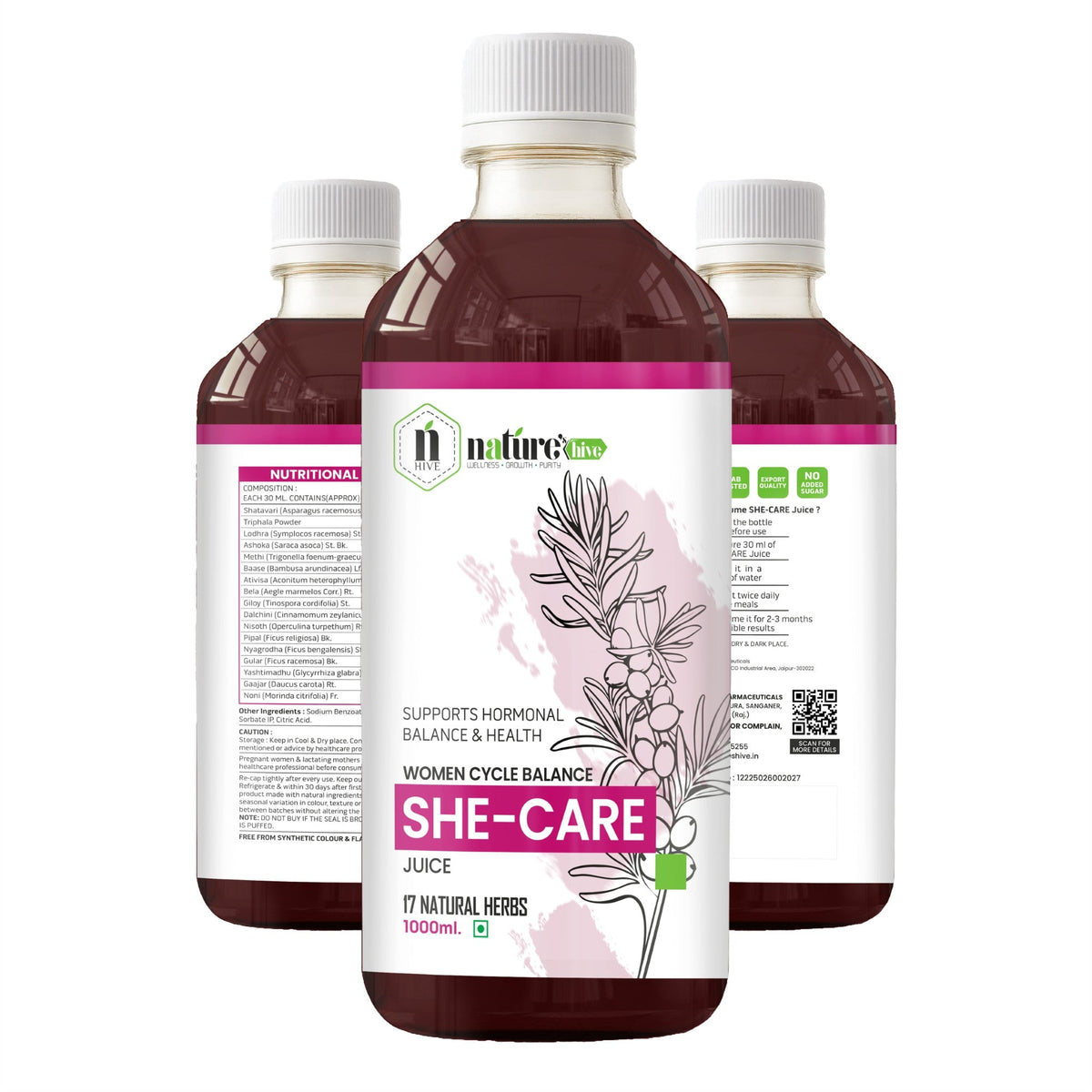 Bottle of Nature's Hive She Care Herbal Juice, 1 liter, with fresh herbs and ingredients visible in the clear container.