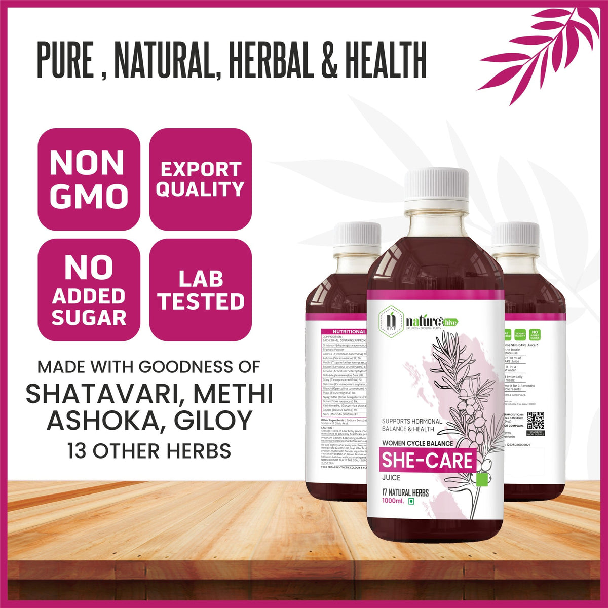 Nature's Hive She Care Herbal Juice in a 1L bottle, showcasing the herbal blend and natural ingredients of the product.