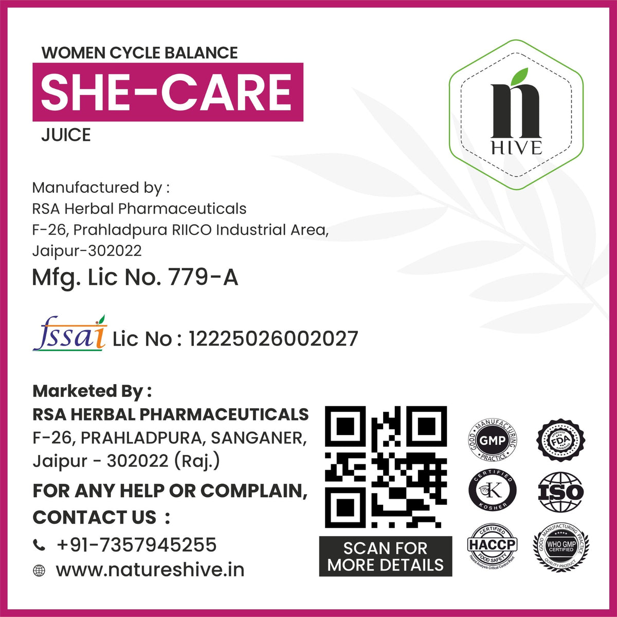 Bottle of Nature's Hive She Care Herbal Juice, 1 liter, showing the product label and transparent bottle with herbal contents.