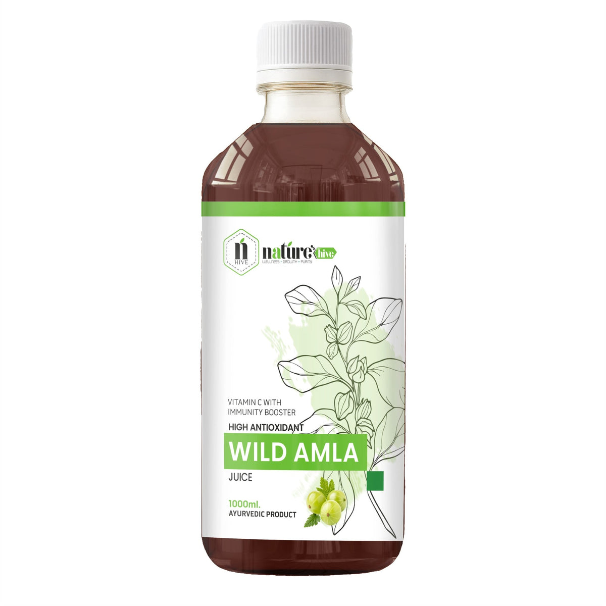 Bottle of Nature's Hive Wild Amla Juice 1L herbal juice with a label featuring natural imagery and a transparent container showing the liquid