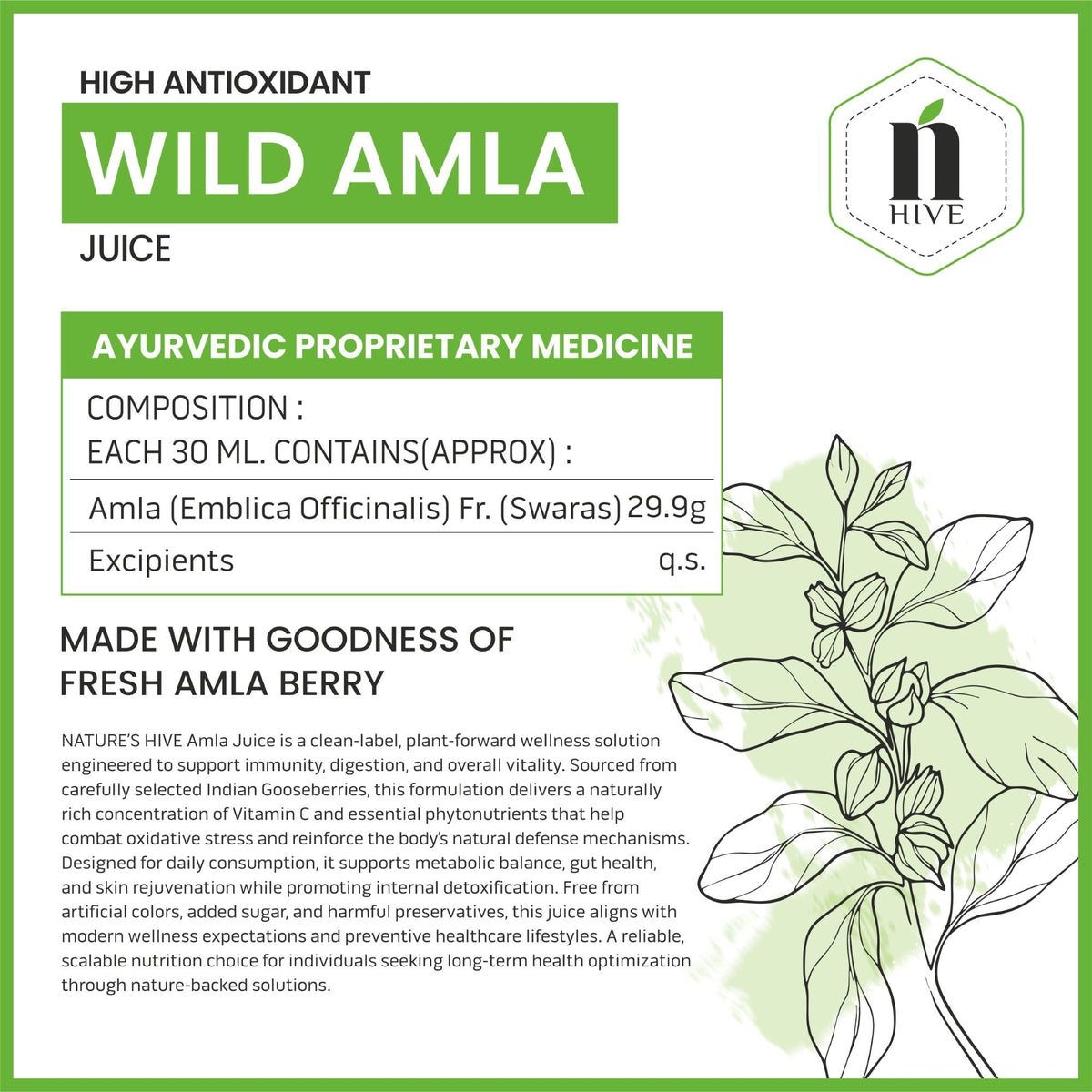 Bottle of Nature's Hive Wild Amla Herbal Juice in a 1-liter container, showcasing the herbal product with a natural, health-focused presentation.