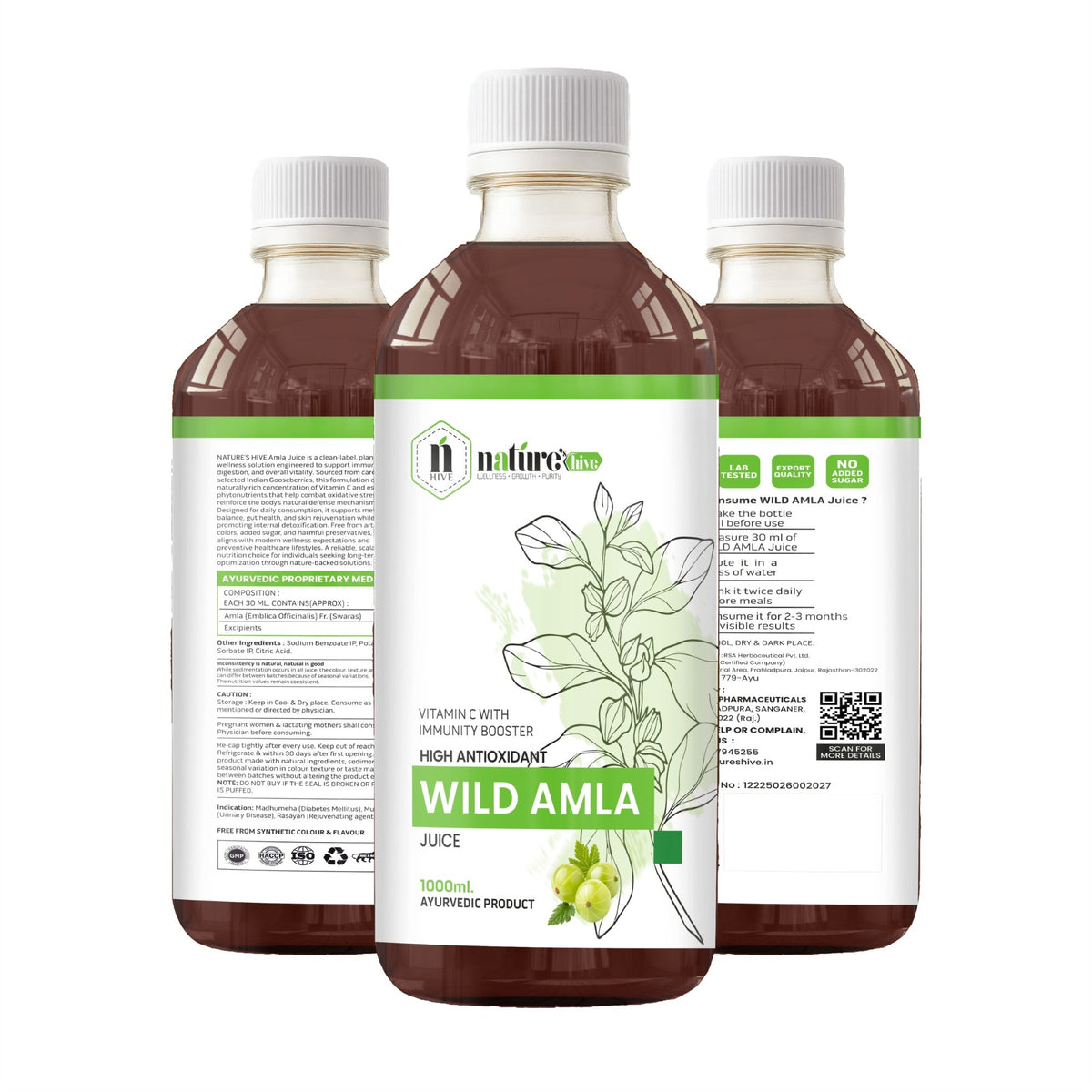 Bottle of Nature's Hive Wild Amla Herbal Juice in a 1-liter container, featuring the herbal juice label and natural amla fruit imagery.