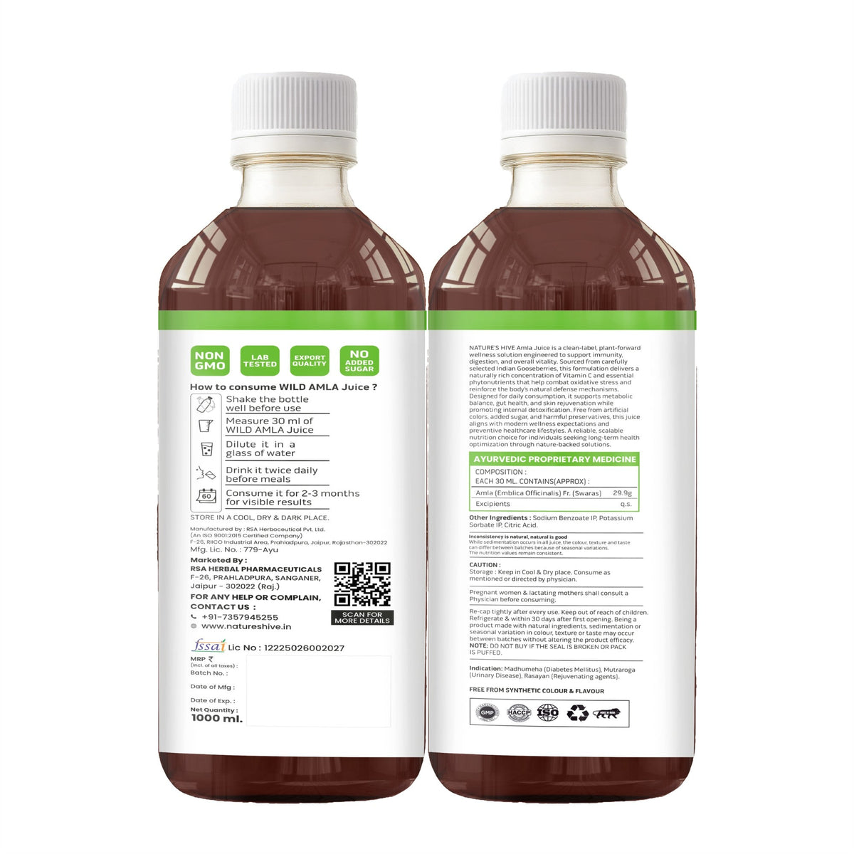 Bottle of Nature's Hive Wild Amla Herbal Juice, 1 liter, with fresh amla fruit visible in the clear glass container.