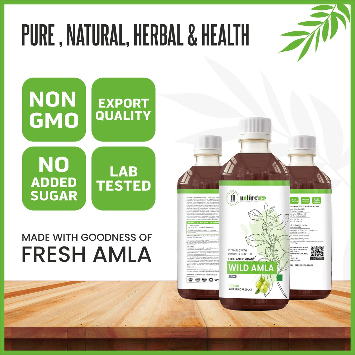 Bottle of Nature's Hive Wild Amla Juice, herbal juice in a 1-liter bottle with a label featuring amla fruit and herbal ingredients.