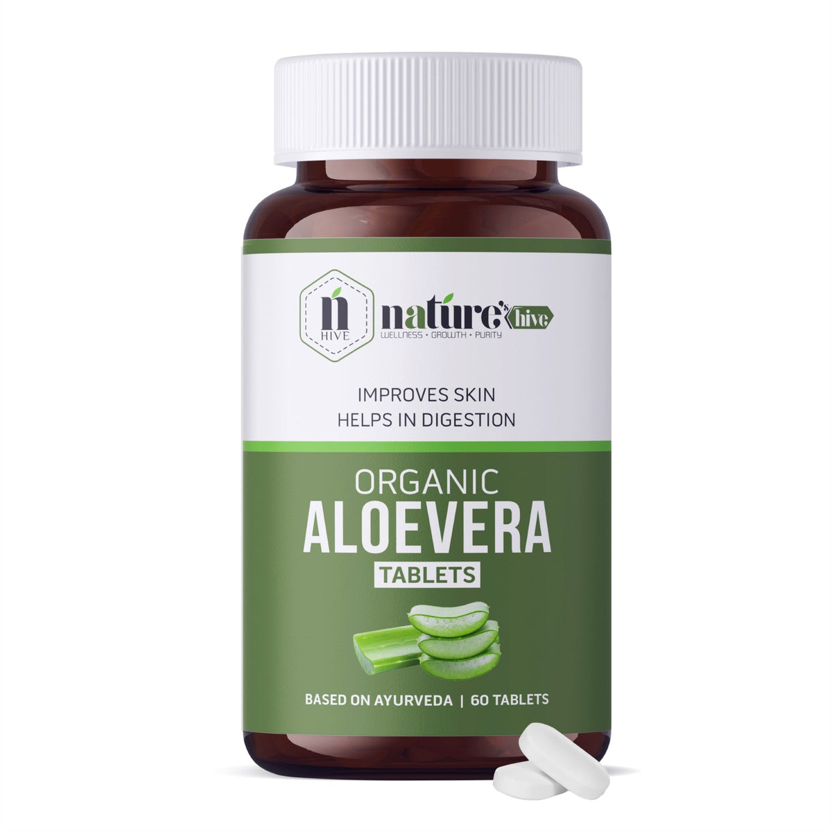 Nature's Hive Aloe Vera Tablets herbal supplement bottle with 60 tablets, natural aloe vera supplement for skin and digestion.