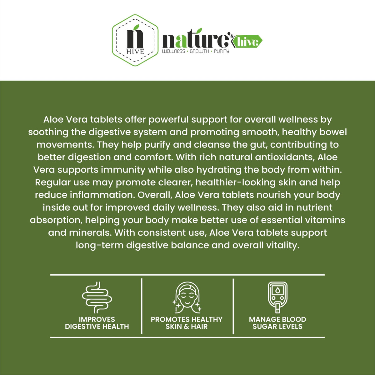 Nature's Hive Aloe Vera Tablets herbal supplement, 60 tablets, featuring natural aloe vera for health and wellness.