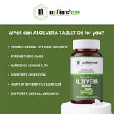 Nature's Hive Aloe Vera Tablets herbal supplement bottle showing 60 tablets, natural herbal health product for skin and digestion.
