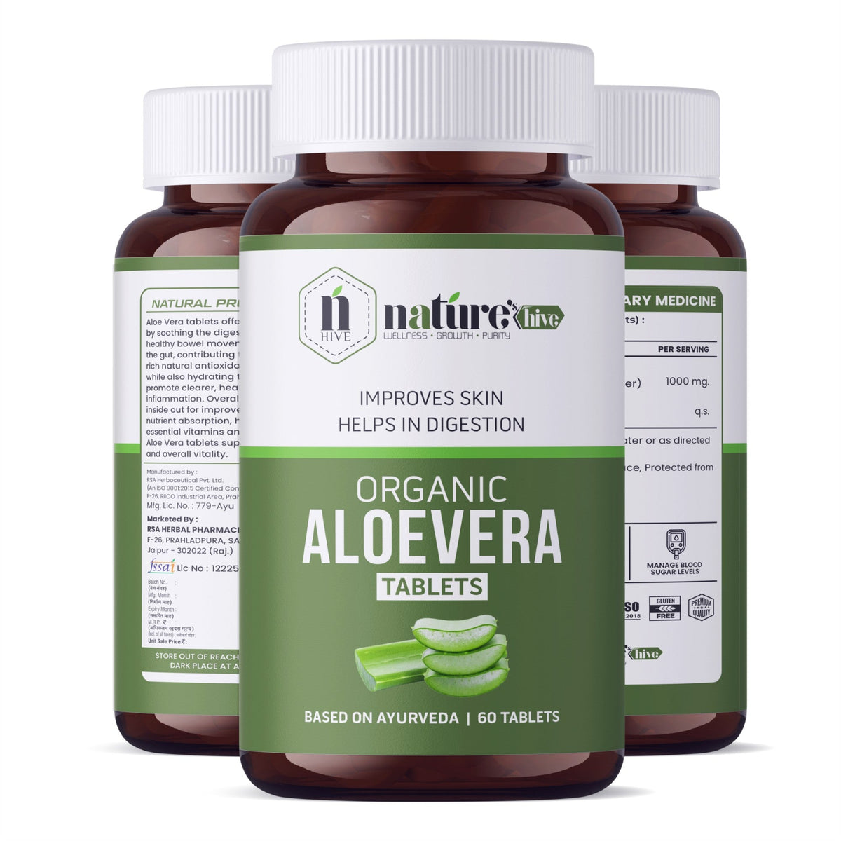 Nature's Hive Aloe Vera Tablets herbal supplement bottle with 60 tablets, featuring a green label and natural health branding.
