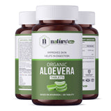 Nature's Hive Aloe Vera Tablets herbal supplement bottle with 60 tablets, featuring a green label and natural health branding.