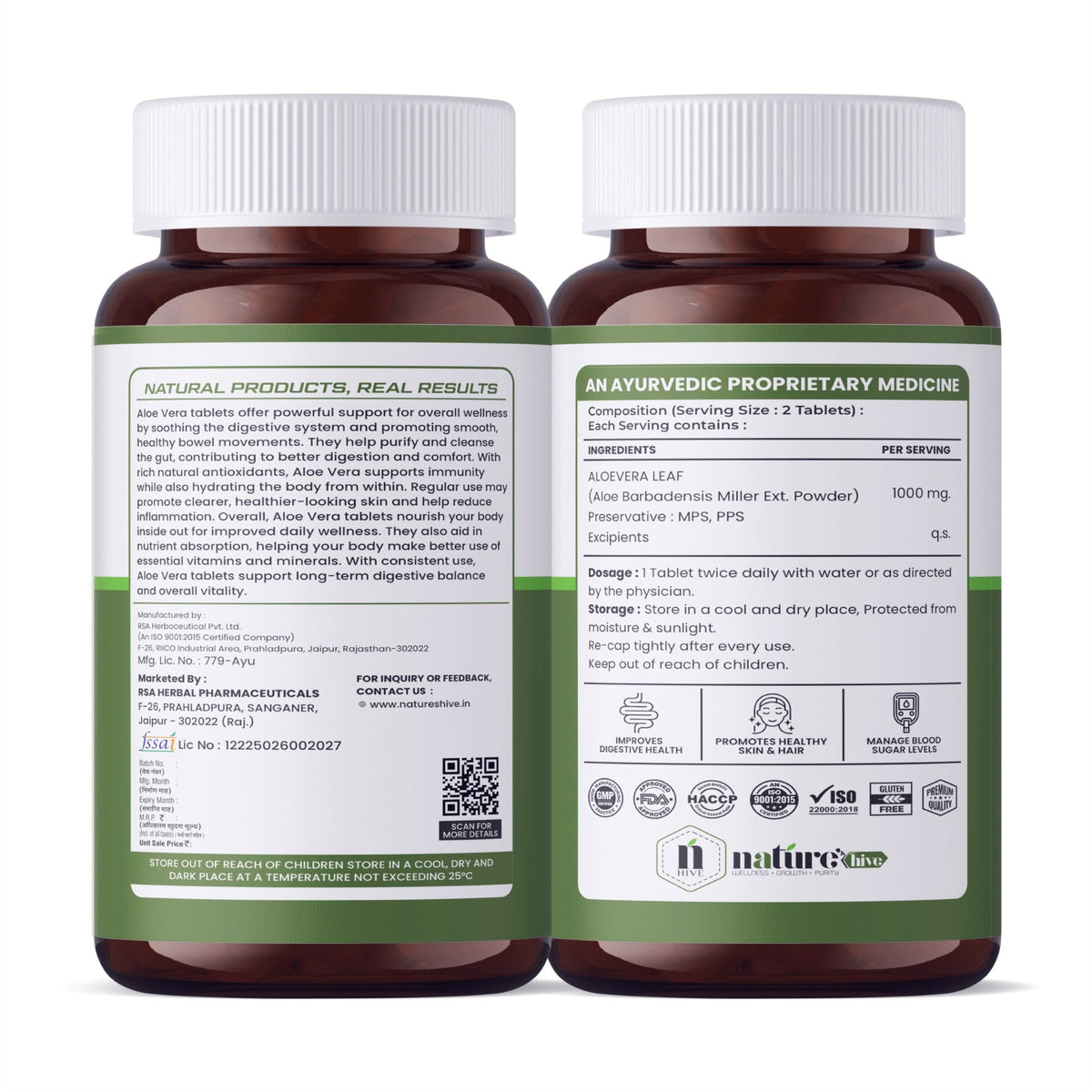 Nature's Hive Aloe Vera Tablets herbal supplement bottle with 60 tablets, natural aloe vera supplement for health and wellness.
