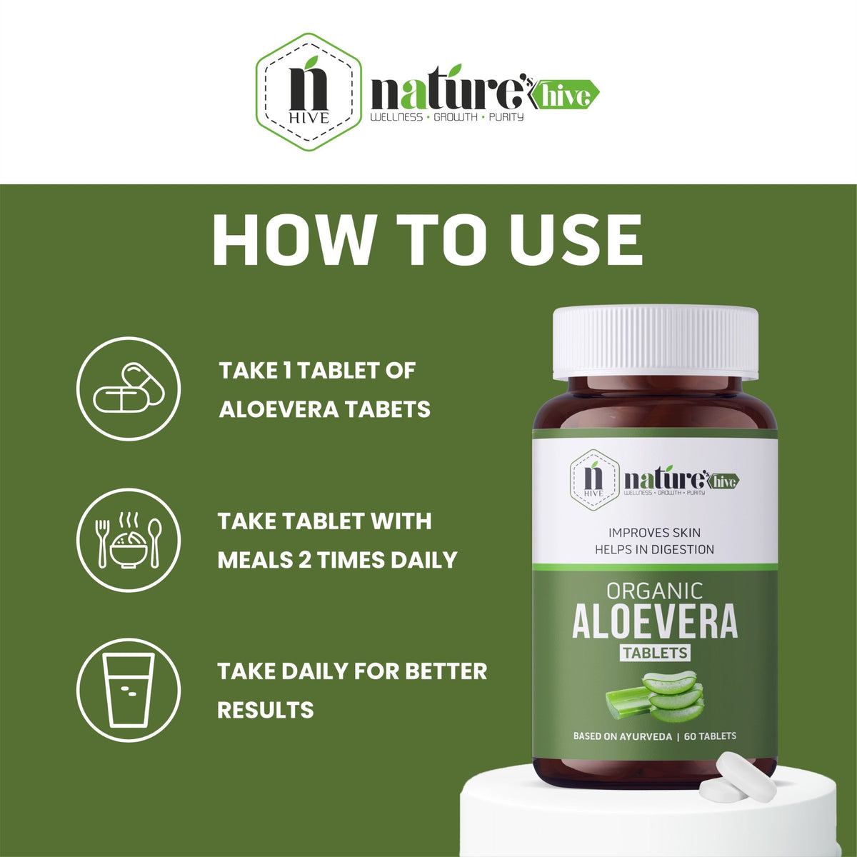 Nature's Hive Aloe Vera Tablets herbal supplement bottle with 60 tablets, natural aloe vera supplement for wellness.